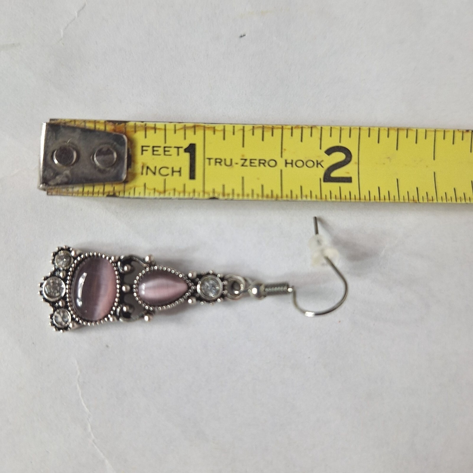 Vintage-Style Silver-Tone Dangle Earrings With Pink Cats Eye Stones & Crystal Ac