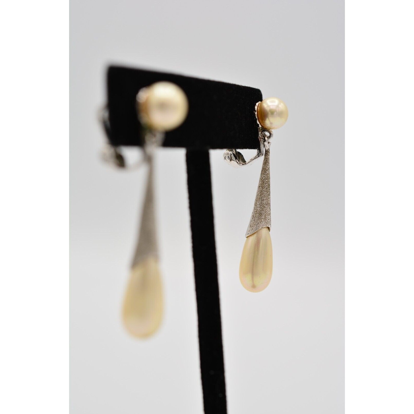 Vintage Dangle Earrings Silver Tone Faux Pearl Drop Textured Signed 1980s Bin7
