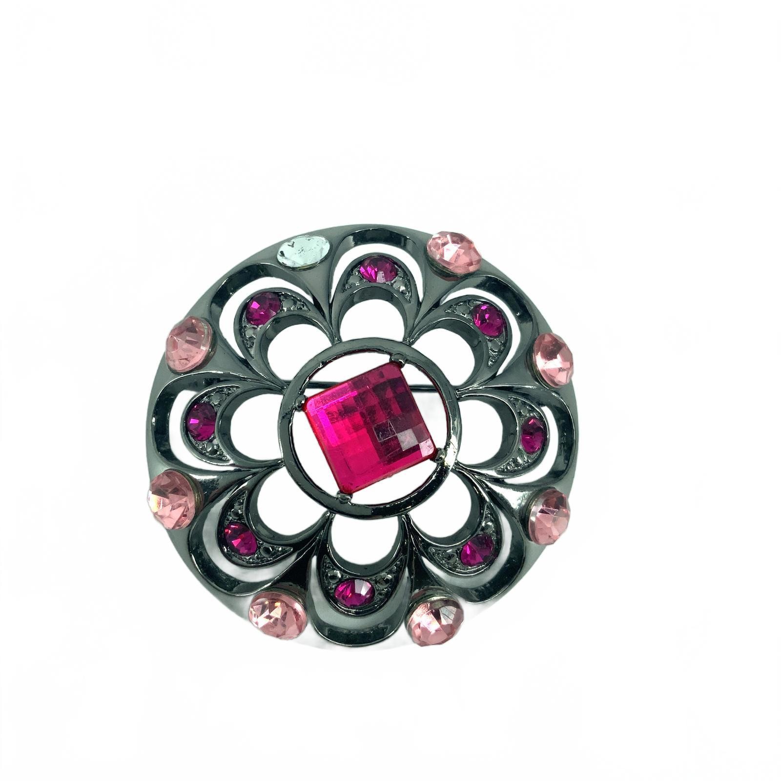 Vintage Gunmetal Tone Pink Crystal Floral Brooch Round Fuchsia Rhinestone Pin