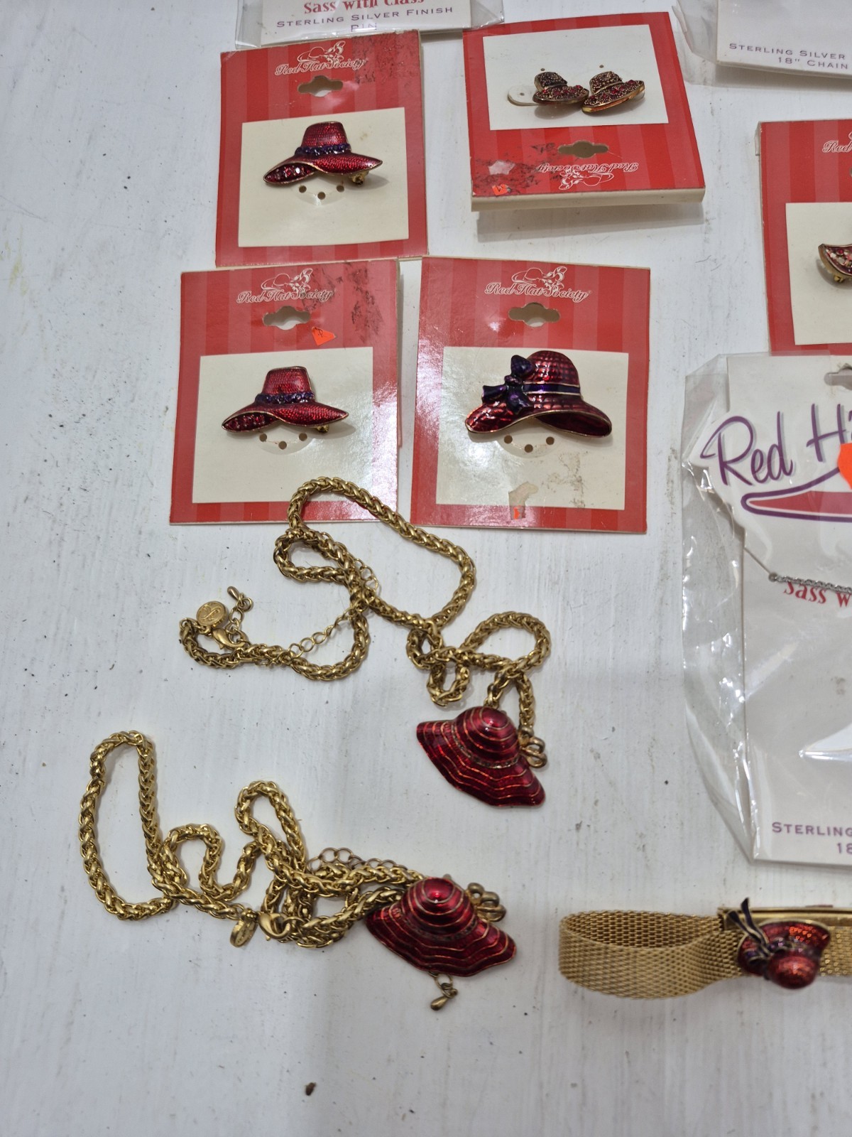 Lot Vintage Red Hat Society Brooch Pin Necklace Earrings Bracelets NOS Jewelry