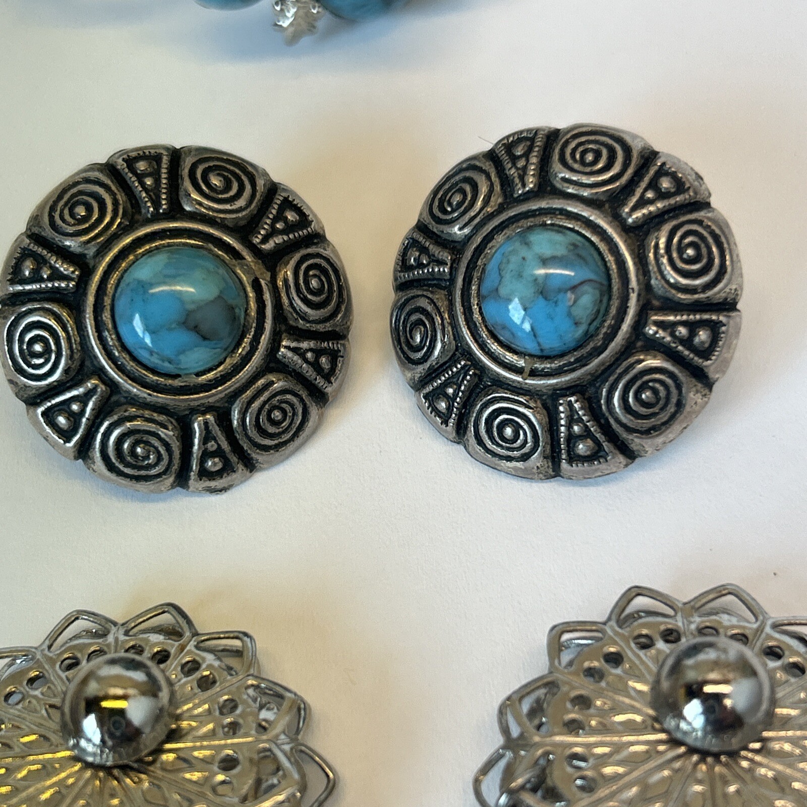 Faux Turquoise Bracelet 2 Earrings Silver Tone Southwestern Boho Tribal Filigree