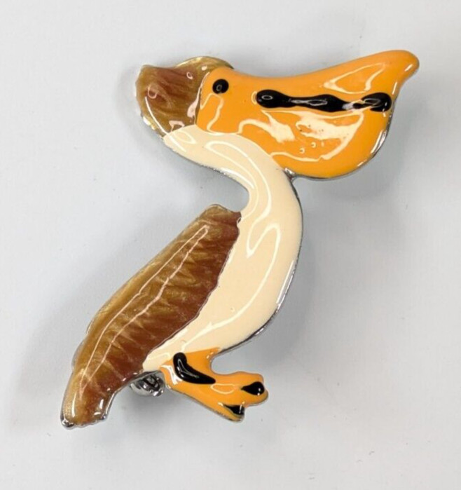 Vintage Cute Enamel Brown & White Pelican Bird Silver Tone Brooch Pin 2″