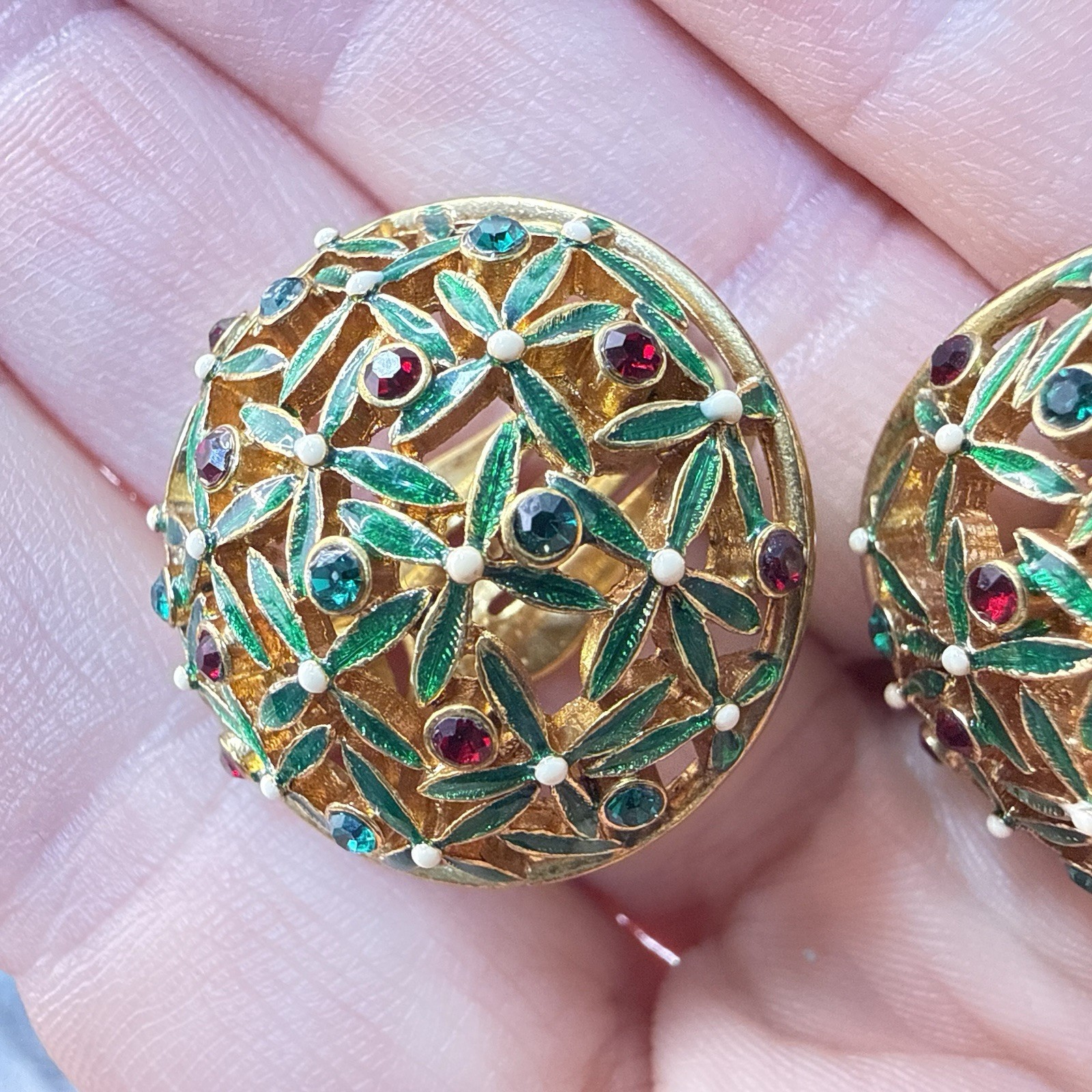 Joan Rivers Earrings Rhinestone Green Red Blue CLIP ON Enamel Jewel Gold Round