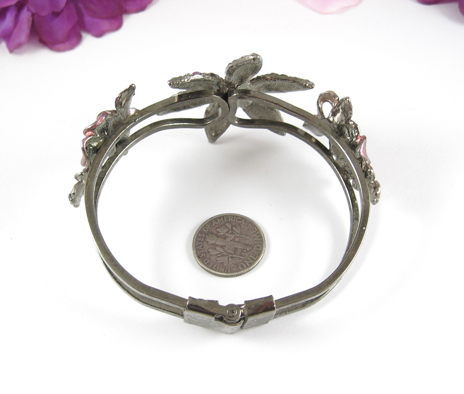 Color RHINESTONE CLAMPER BRACELET Vintage Flowers Pink Purple Gunmetal Gray