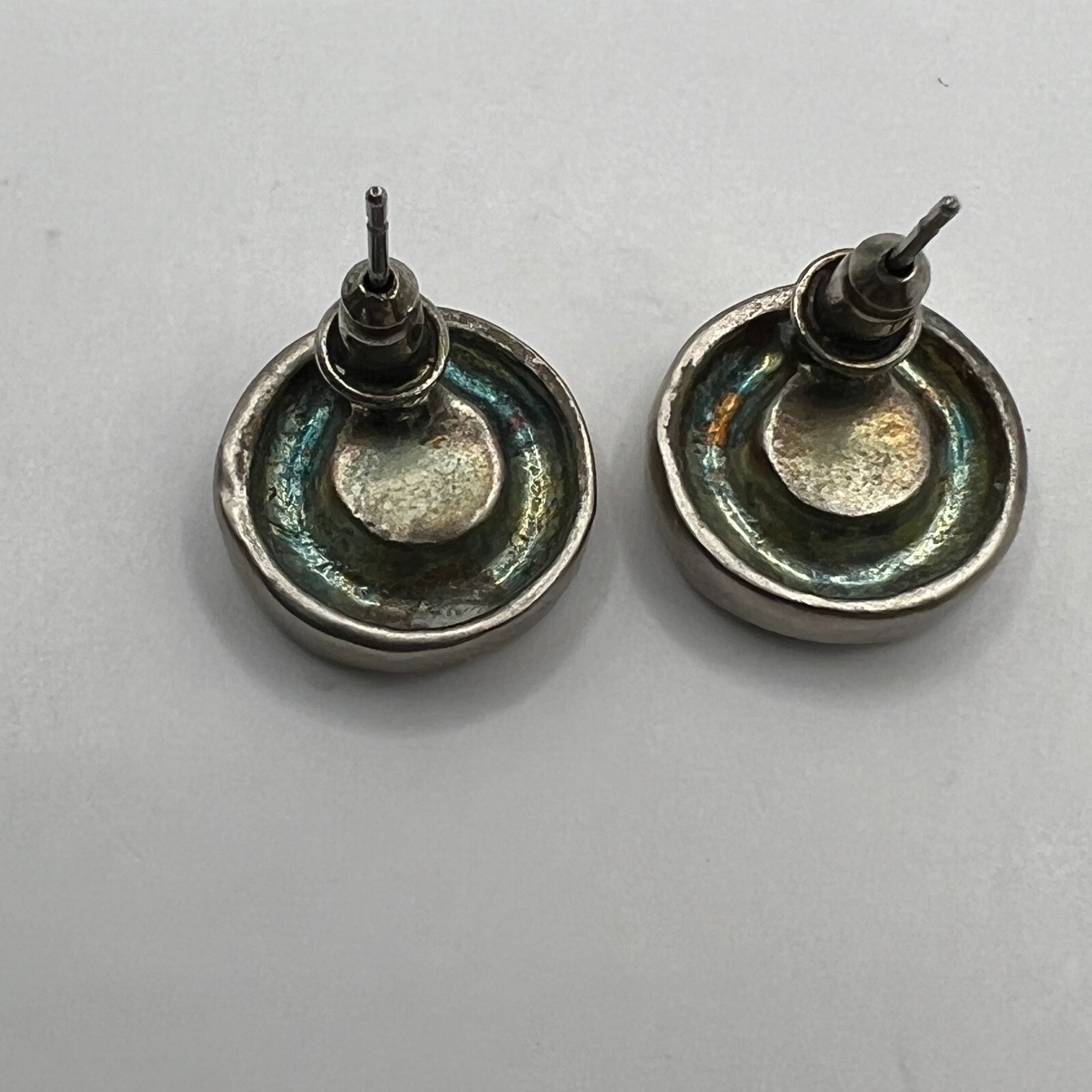 Vintage Pierced Earrings Pewter Tone Rigged with Clear Crystal Center