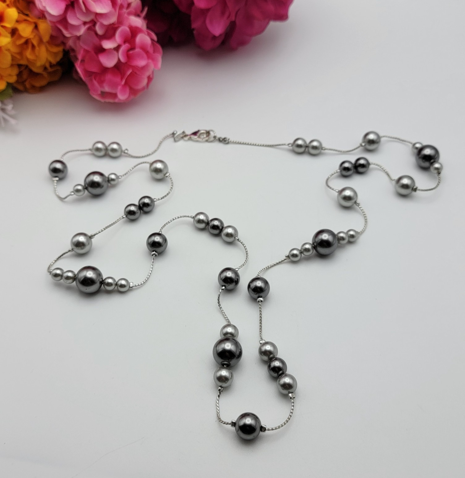 Vintage RMN Silver And Gray Tone Faux Pearl Station Chain Necklace 36″ Flapper
