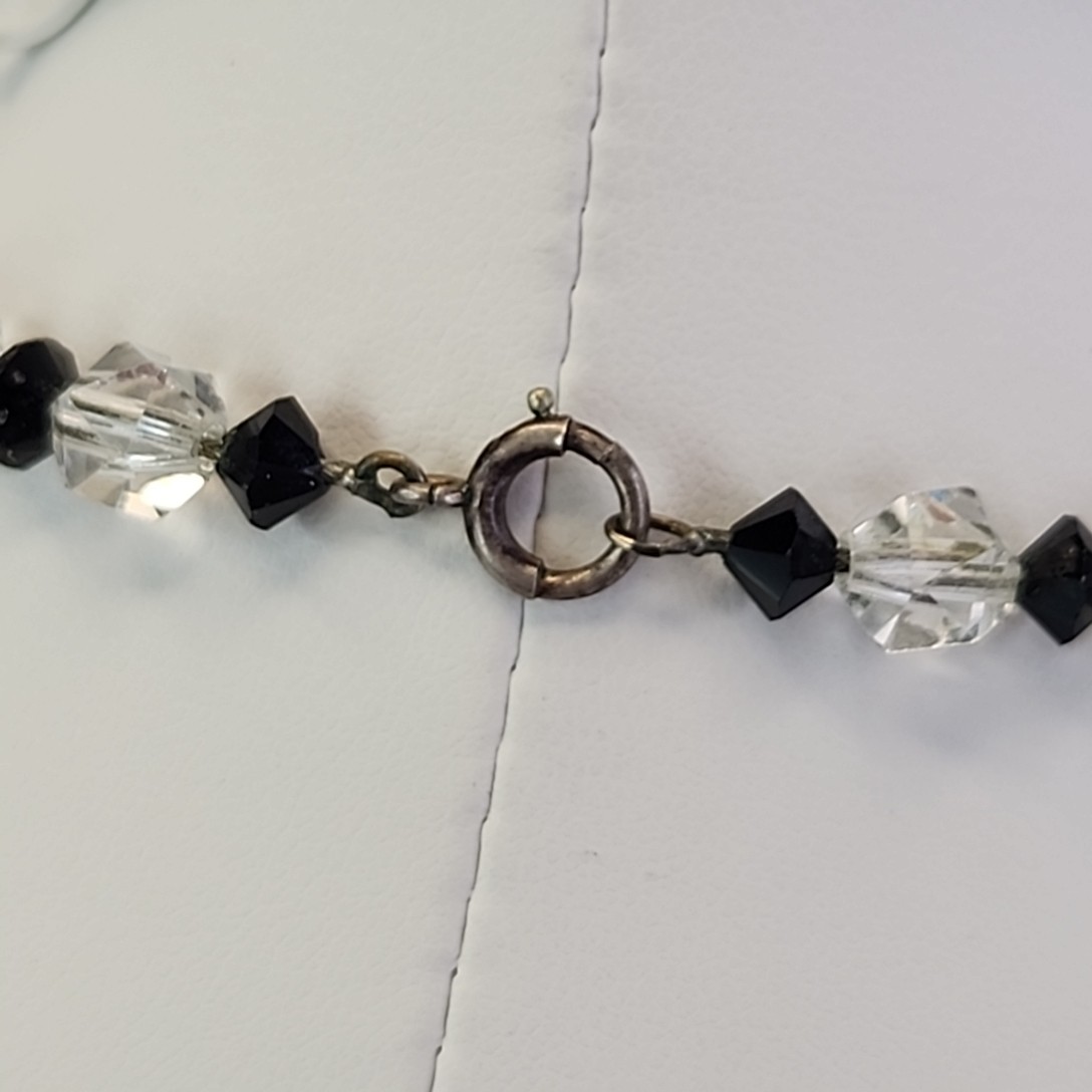 Vintage Glass Beaded Necklace Clear Round Black Bicone Accents 14.75″