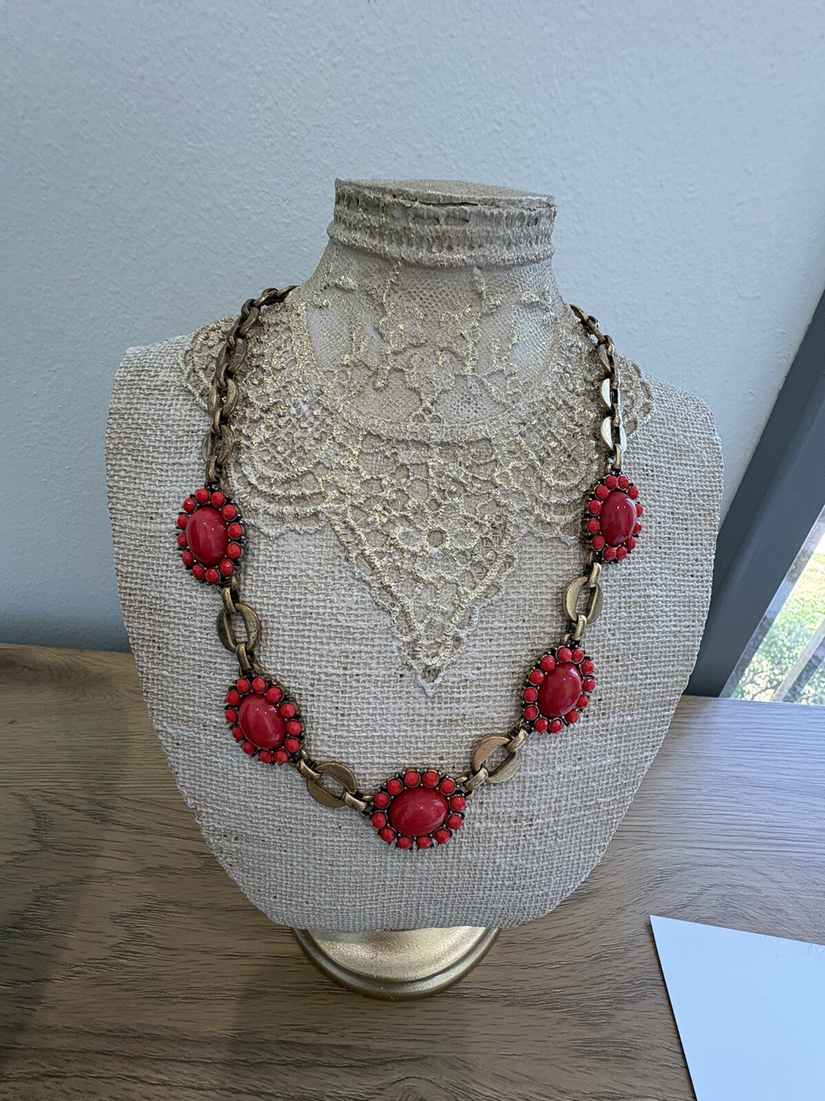 Stella Dot Necklace Sardinia Red Coral Removable Pendant 22-24” Gold Tone