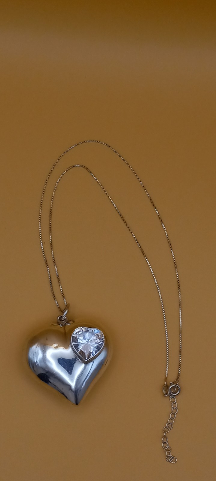 Vintage Sterling Silver 20in Box Necklace W/big Puff Heart W/big Cubic Zirconia