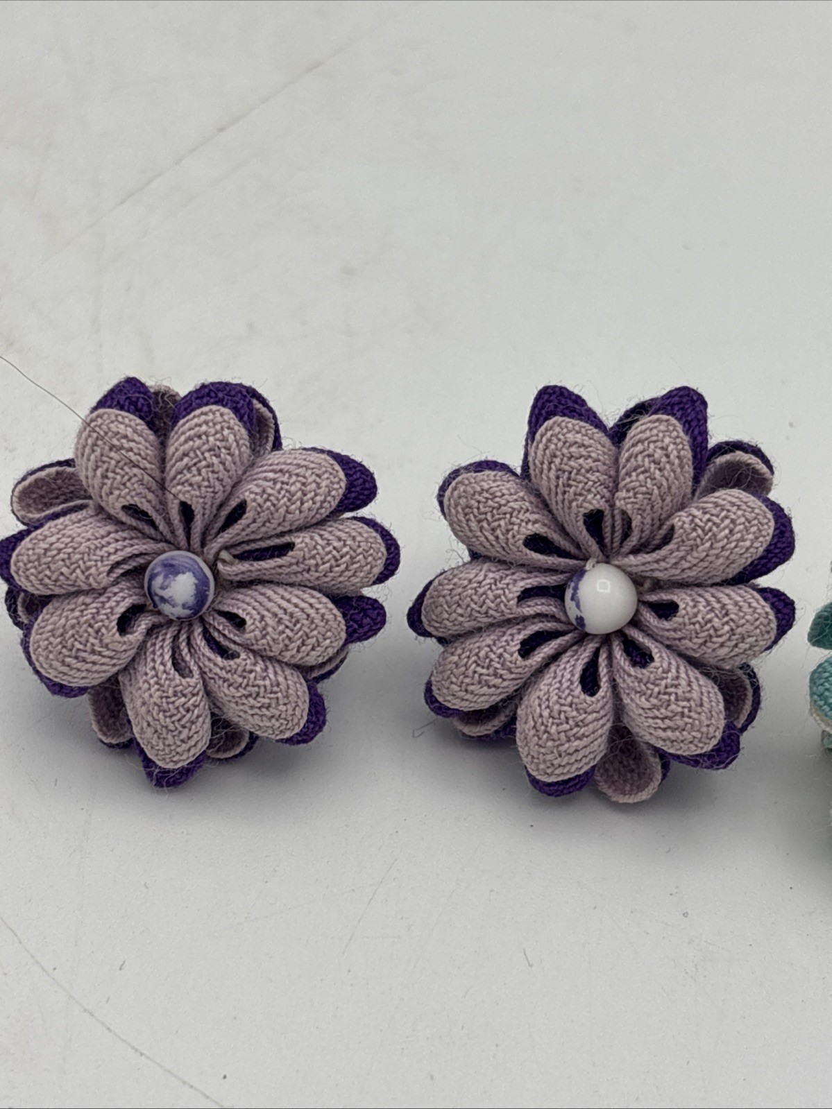 Vintage Earrings Blue & White Purple And White Ribbon Fabric Flower Screw Back
