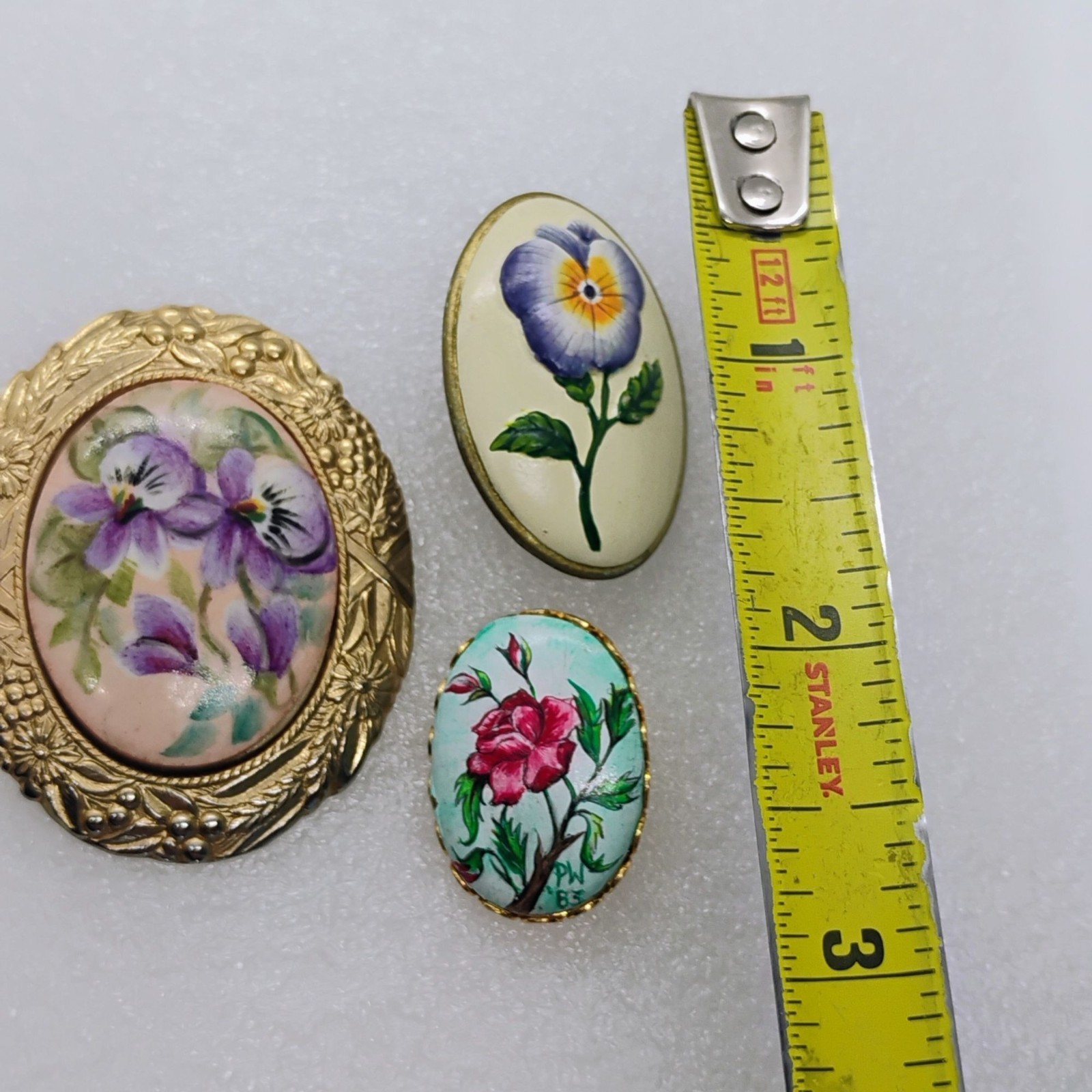 Vintage Lot of 3 Painted Floral Brooches Violet Pansy Rose Cameo Style Gold Tone