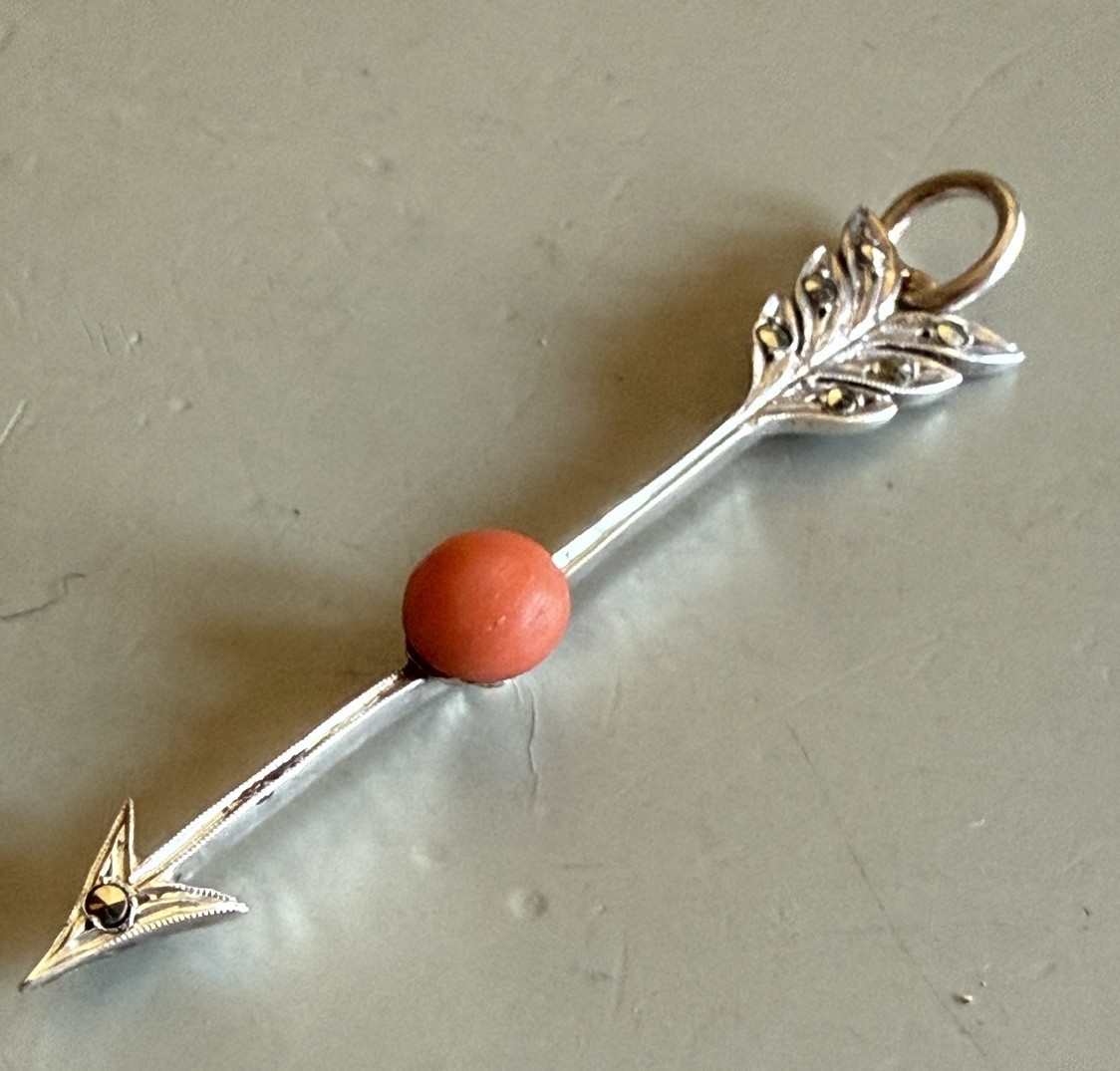 Antique French 800 Silver, Coral & Marcasite Arrow Pendant, C1900
