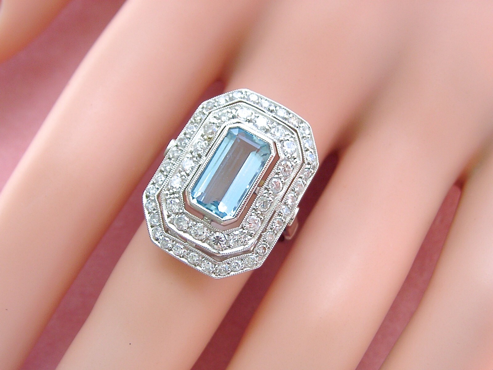 ESTATE DECO 1.55ct AQUAMARINE 1ctw OLD DIAMOND PLATINUM COCKTAIL RIGHT-HAND RING