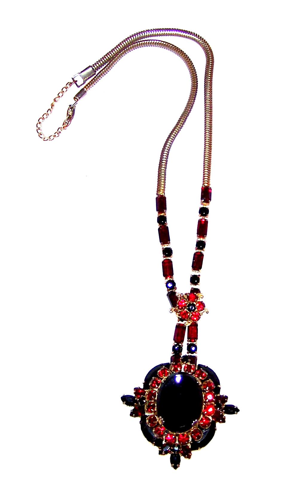 Vintage Red & Black Glass Rhinestone Pendant Necklace Prong Set Art Deco