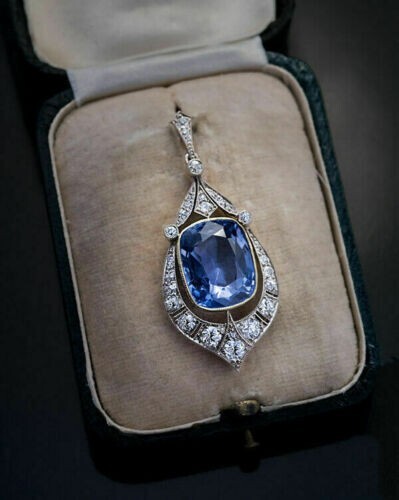 Art Deco Vintage 12.4Ct Blue Sapphire & Lab Created Diamond 925 Silver Pendant