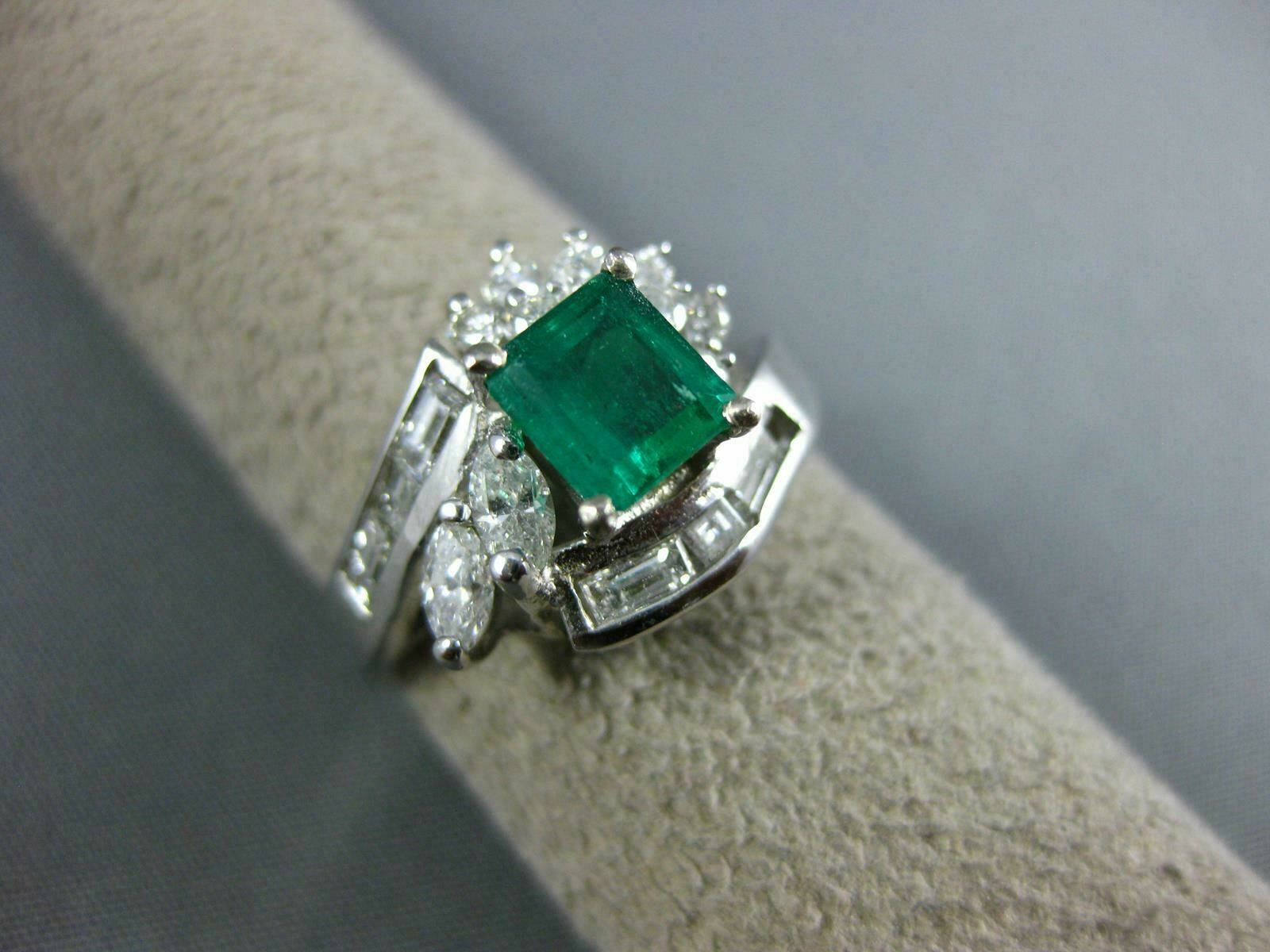 ESTATE 1.53CT DIAMOND & AAA EMERALD 14KT WHITE GOLD BAGUETTE ENGAGEMENT RING 121
