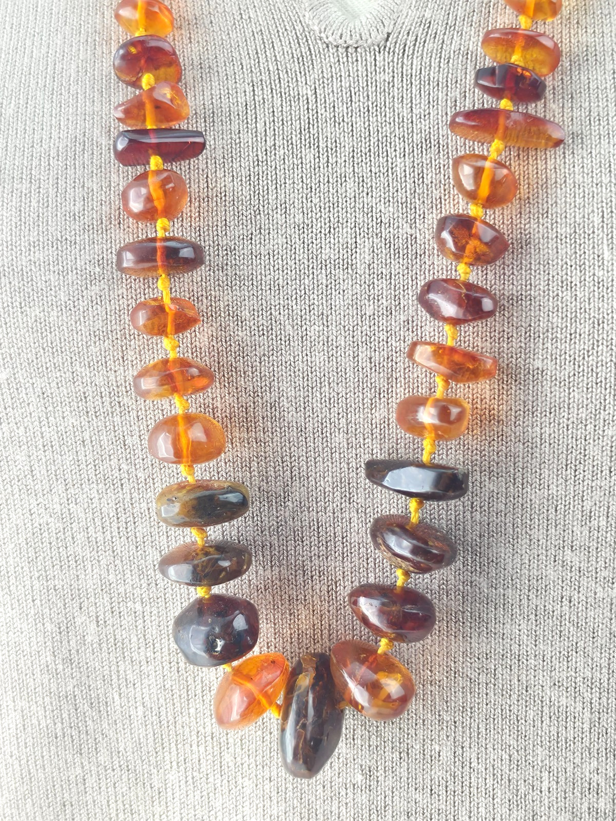 Victorian Natual Baltic Honey Amber Nugget Hand Knotted Graduated Beads Necklace