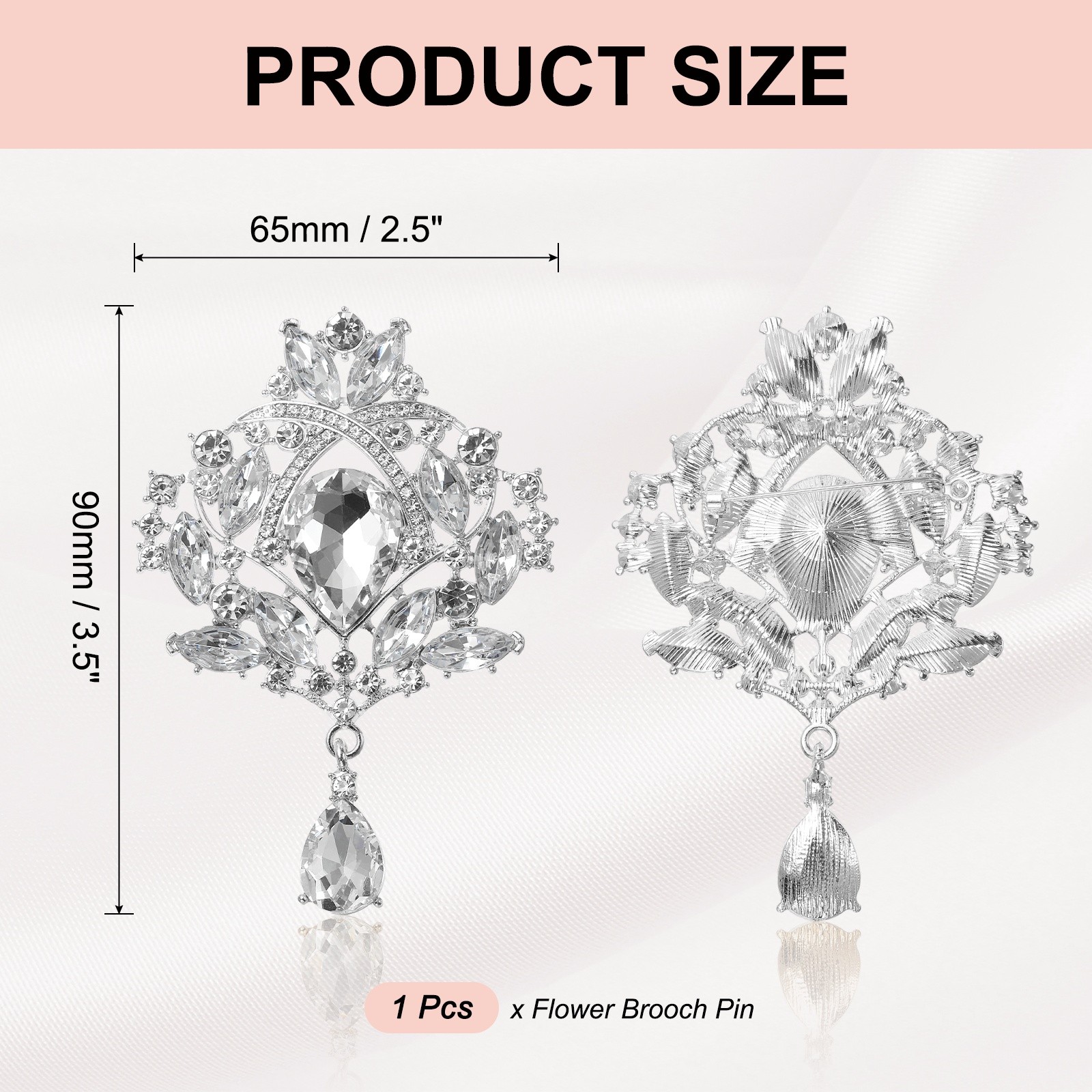 1 Pcs Large Rhinestone Brooch for Women, Silver(3.5×2.5 Inch)