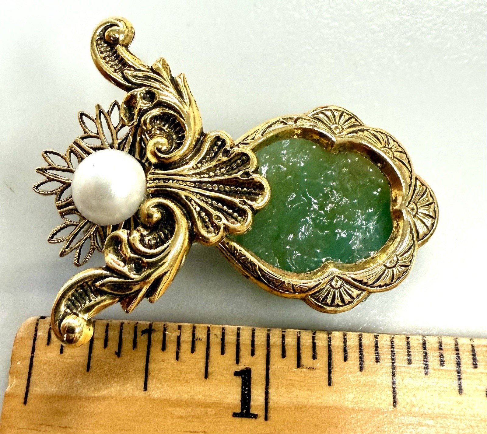 Vintage Faux Jade Art Glass Fur Clip Dress Clip Gold Tone Pearl Ornate Brooch