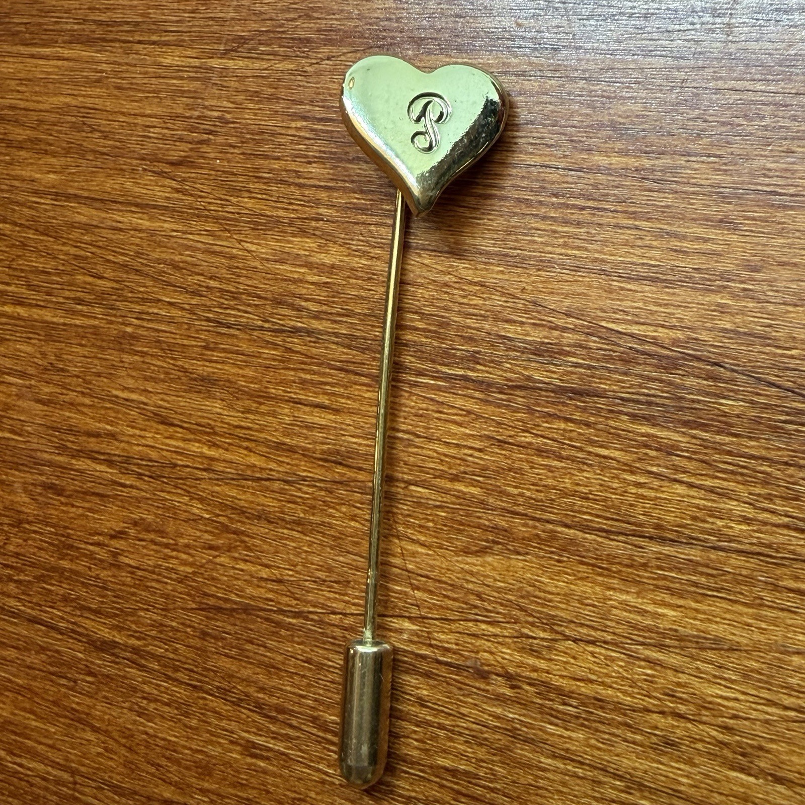 Vintage Engraved Letter P Heart Shaped Gold Tone Stick Pin 2-1/2″