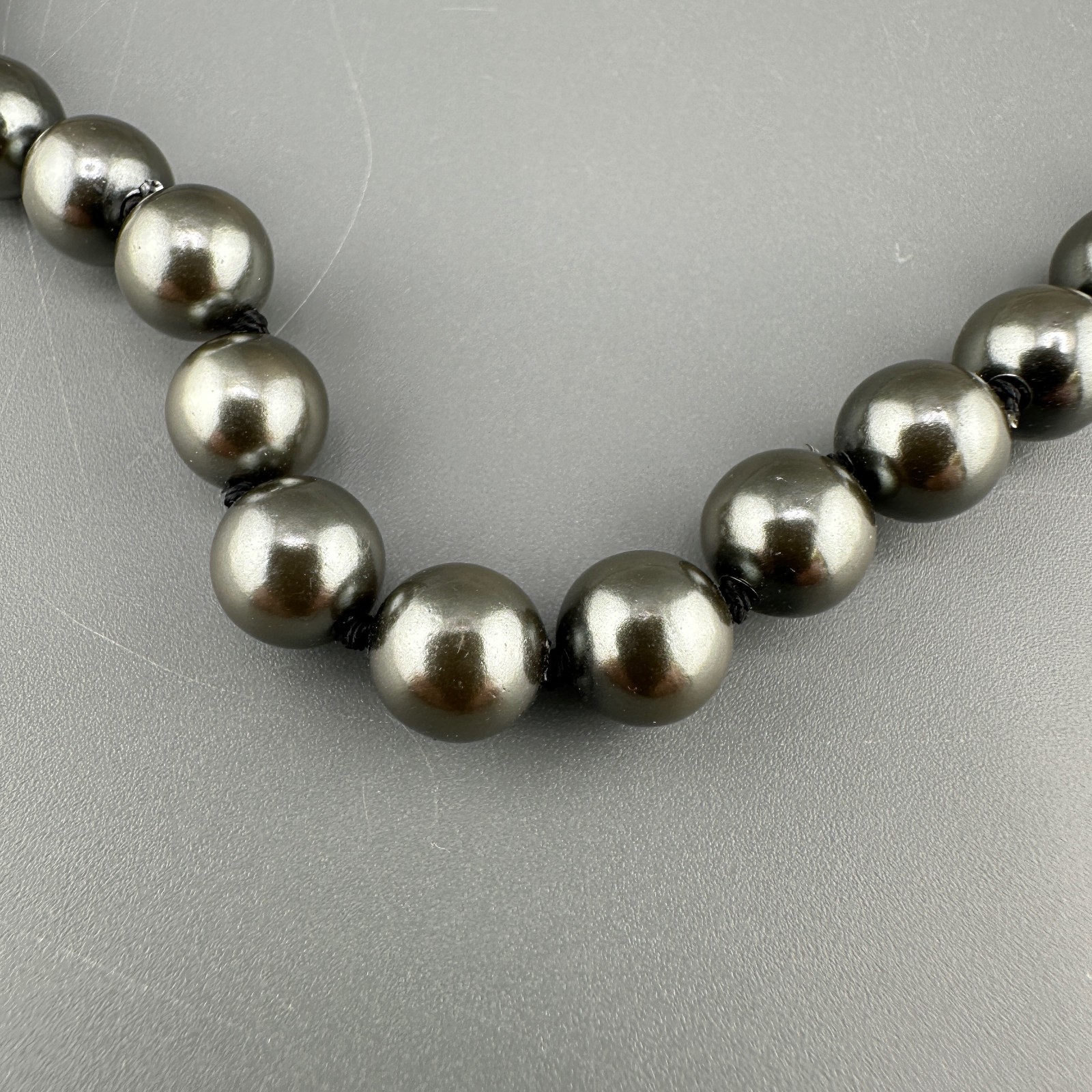 Vintage Glass Pearl Necklace Hand Knotted Charcoal Gray Gold Tone Filigree Clasp