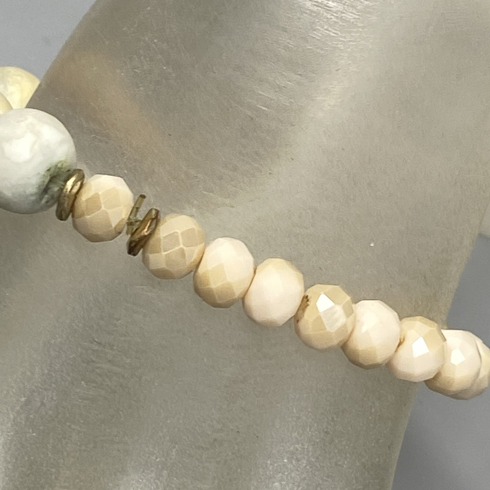Stone Glass Bead Bracelet Cream Marble Gemstone Fire Polished Faceted Stretch 7″