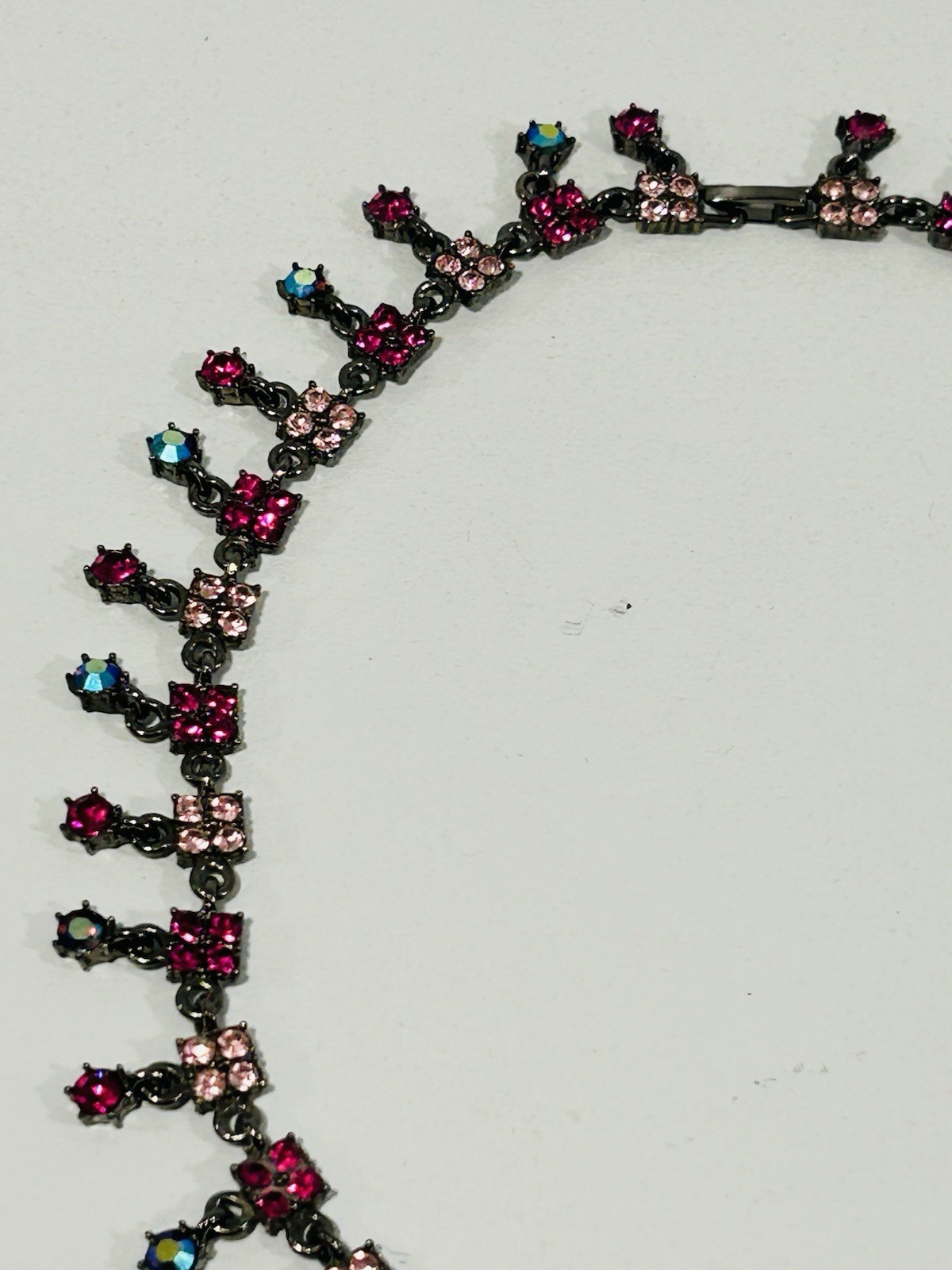 Gunmetal Rhinestone Statement Necklace Pink Fuchsia Fringe Vintage Style
