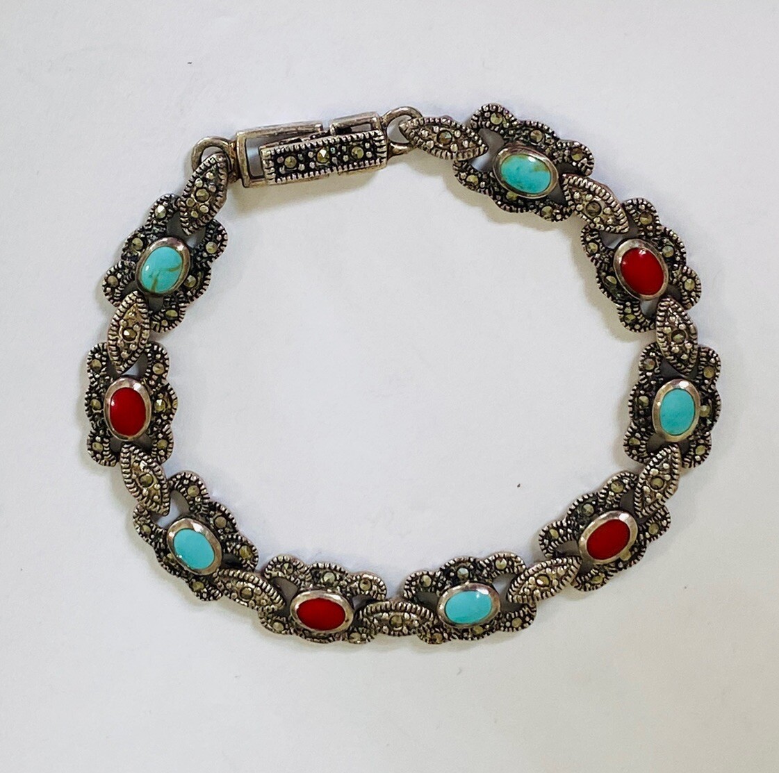 Vintage Sign Sterling Silver Multi Stone Turquoise Coral Marcasite Link Bracelet