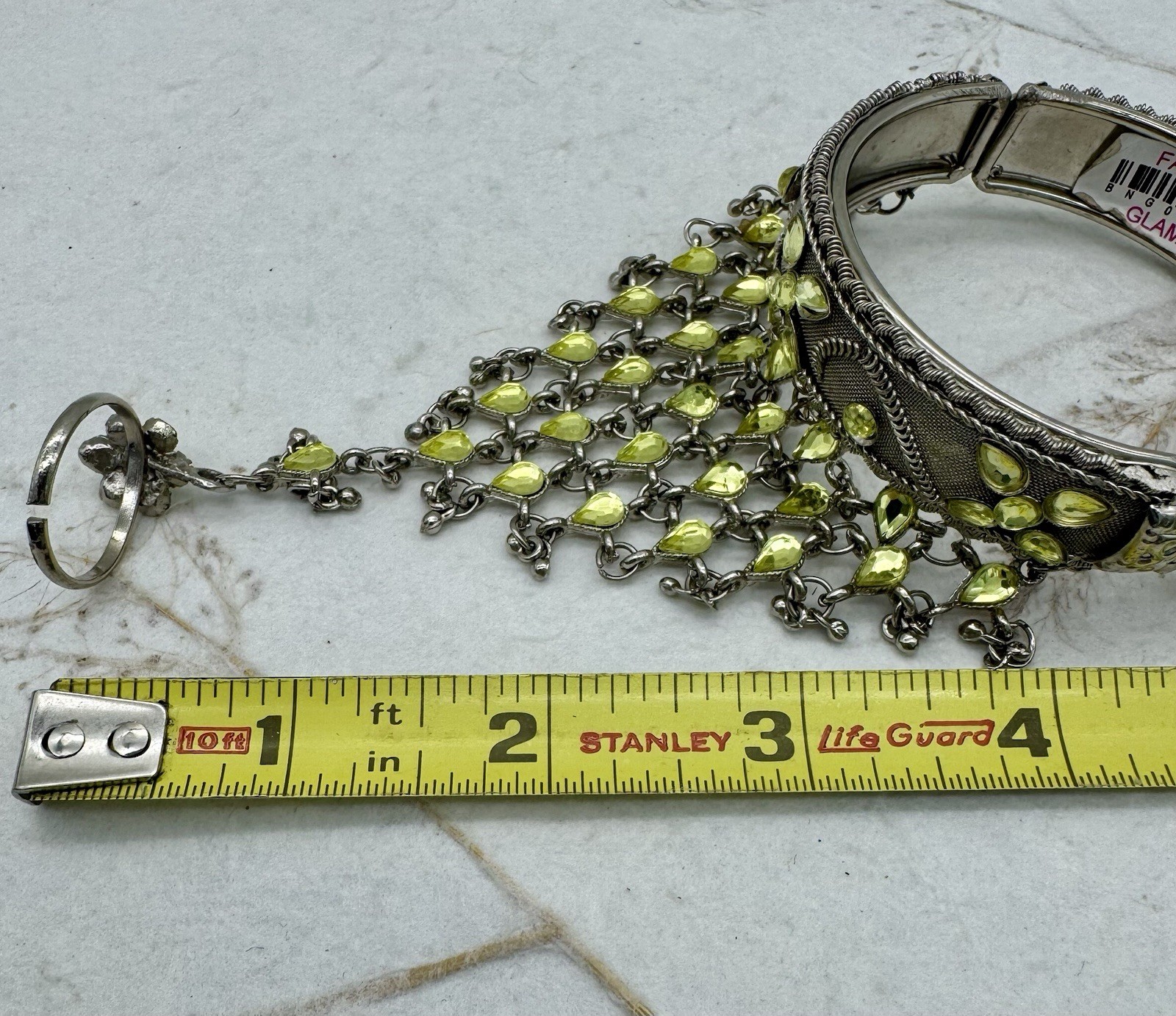 VTG Boho Slave Bracelet Bangle Peridot Rhinestones Sizeable Ring Chain Link