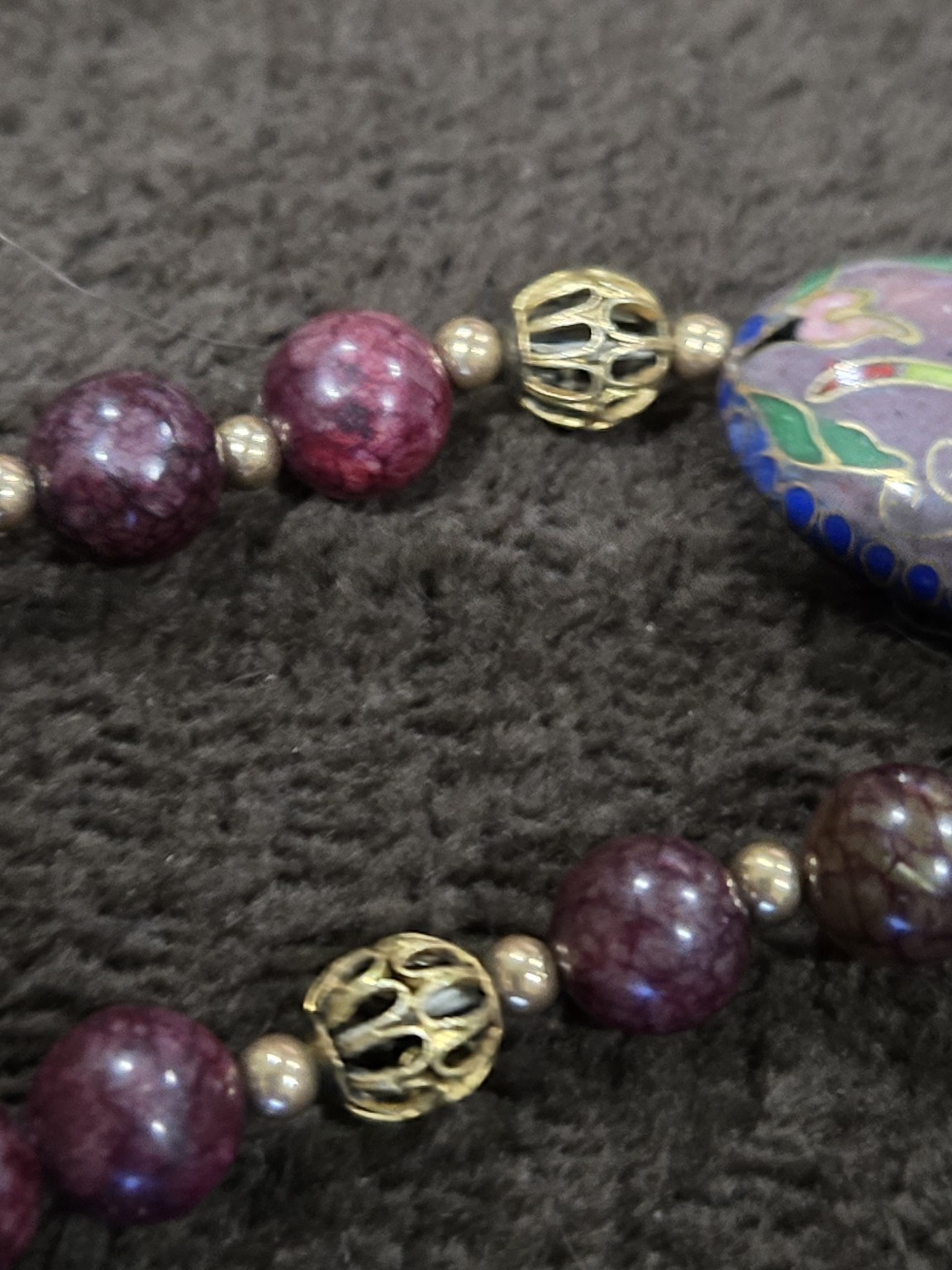 Dragon Vein Agate Bead W/ Cloisonne Enamel Pendant Necklace 18″ Sterling Clasp