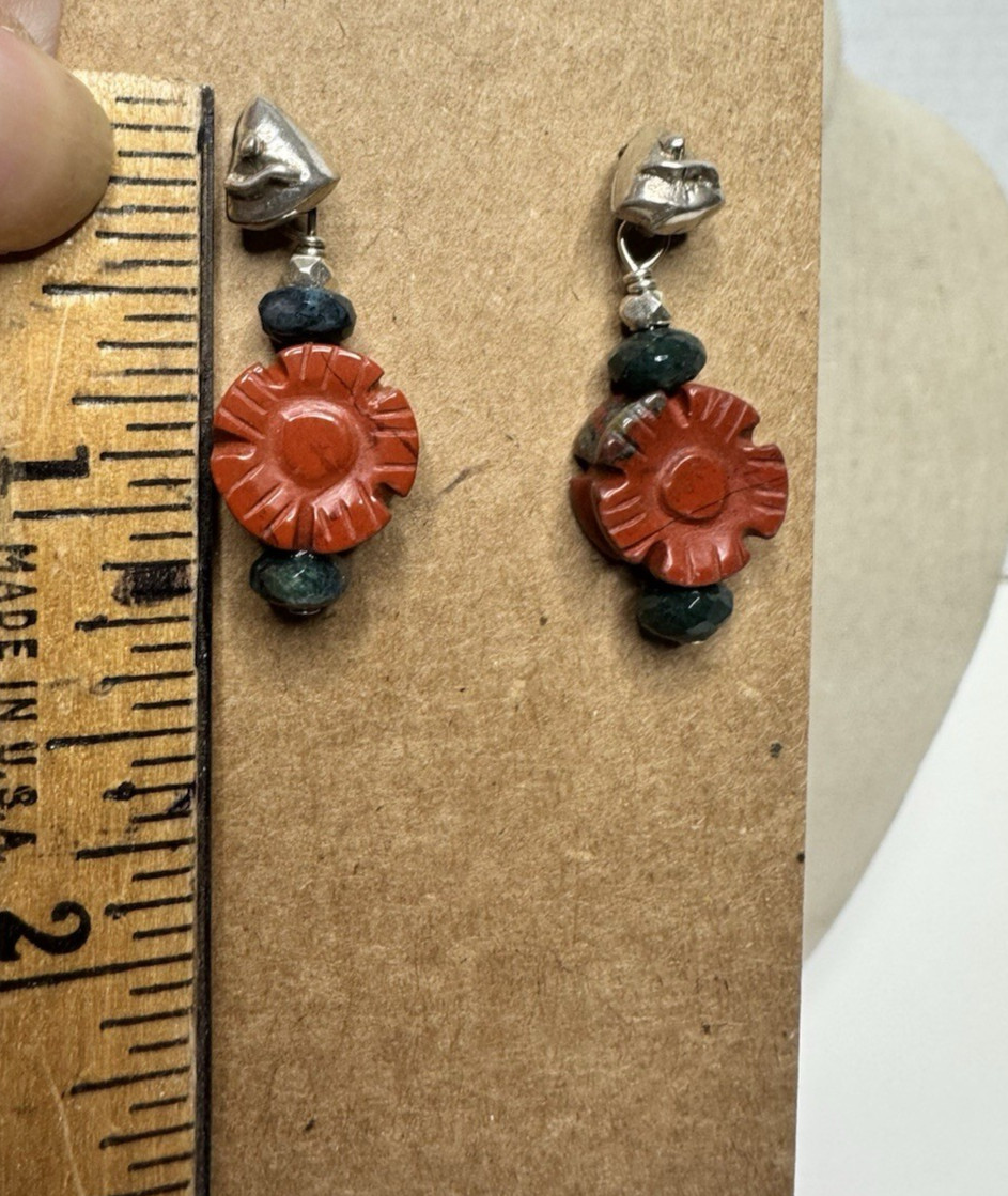 Pair Carved Carnelian (?) Flower Beaded Earrings Pierced Post dangle / drop Boho