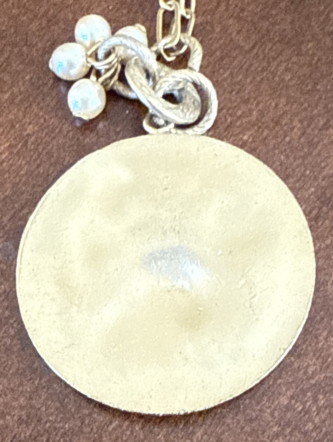 RARE Catherine Popesco Cherub Gold Tone Medal Faux Pearl Medallion Necklace VTG