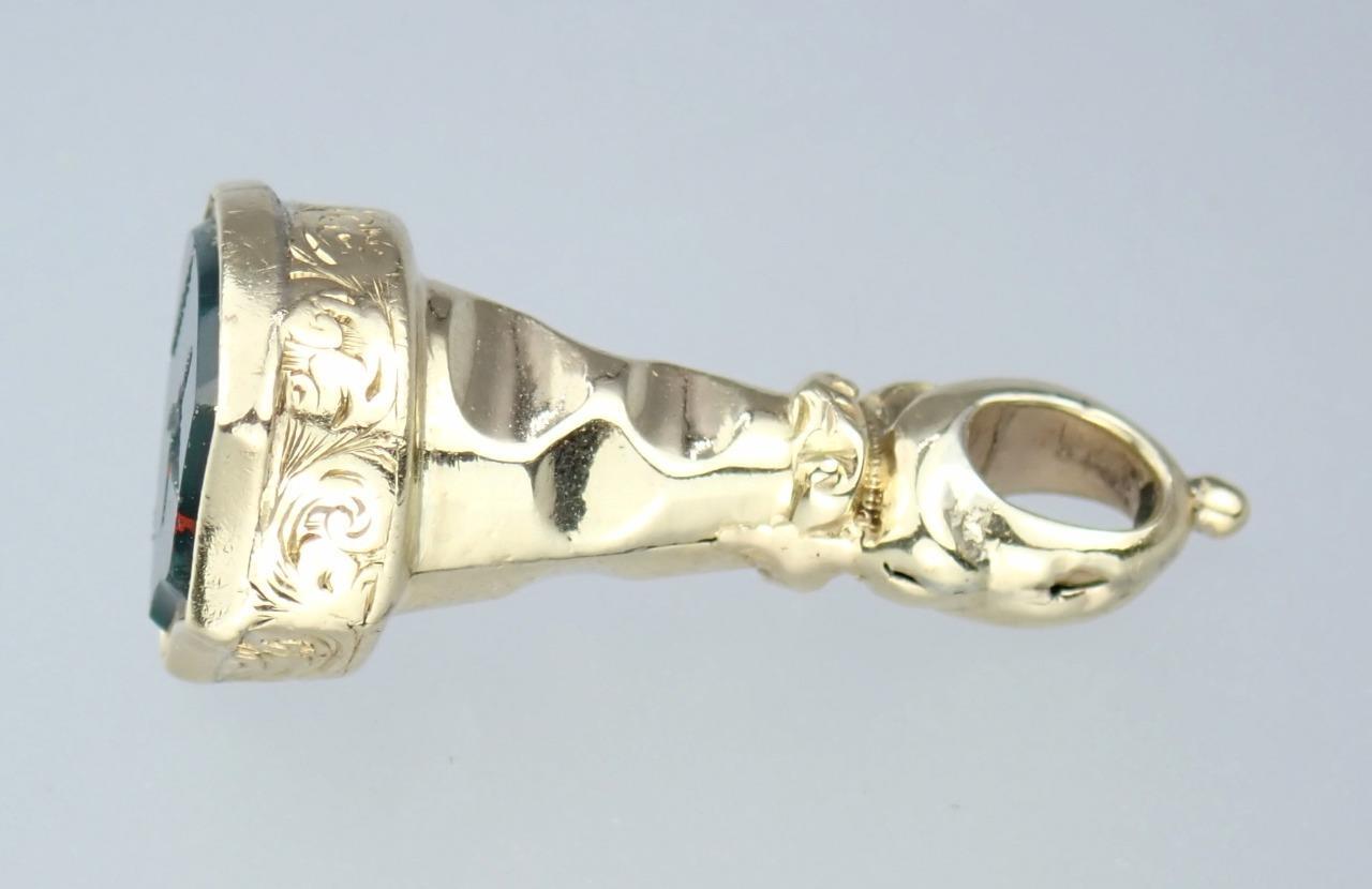 Fab Antique Georgian 9K Gold Bloodstone Floral Bird Pigeon Intaglio Seal Pendant