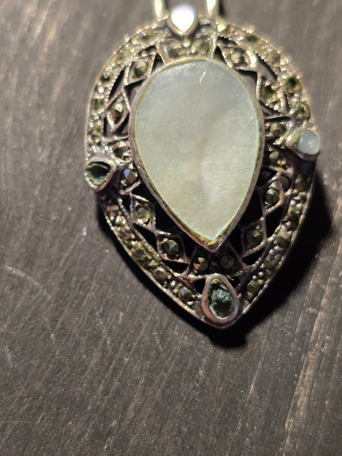 Vintage 1950’s Sterling SIlver .925 Marcasite Mother of Pearl Tear Drop Earrings