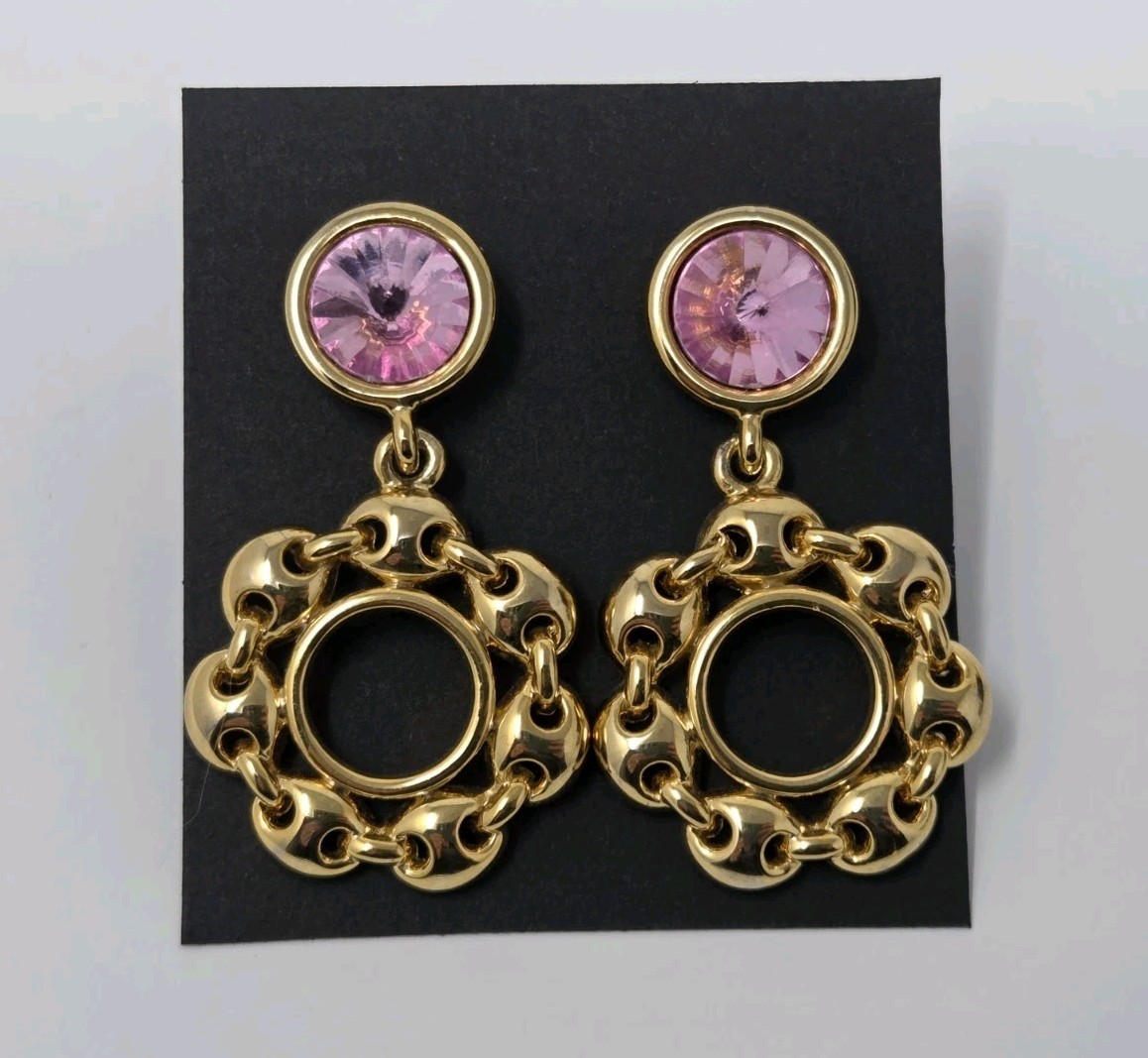 Gold Tone & Pink Acrylic Rhinestone Dangle Drop Hoop Earrings Vintage 1.7 Inches