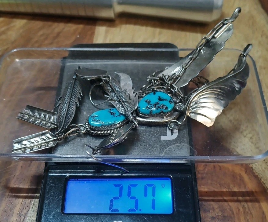 VINTAGE NAVAJO TURQUOISE STERLING SILVER FEATHER NECKLACE & EARRINGS 25.7 Gram