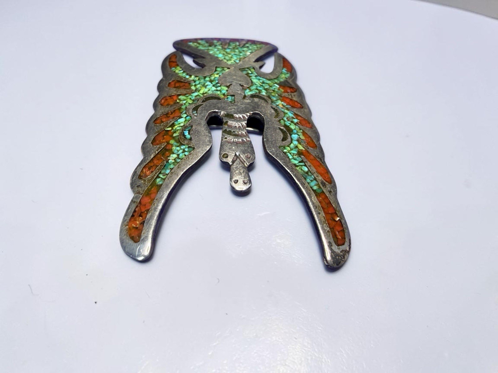 Navajo Juan T. Singer JTS Sterling Silver Turquoise Coral Thunderbird Pin Brooch