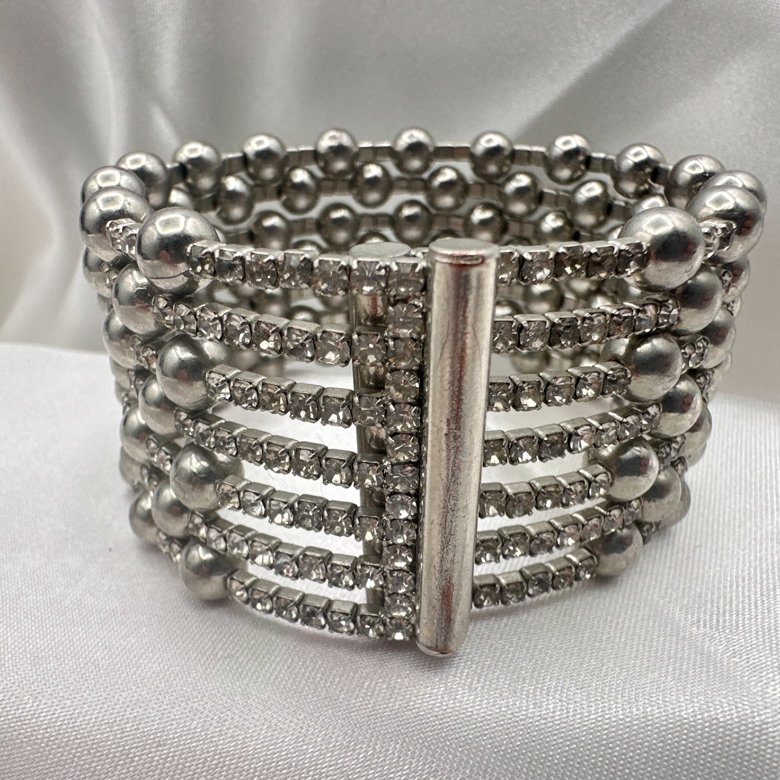 Vintage 90s Silver Tone Multi Row Bead Clear Glass Wide Cuff Statement Bracelet