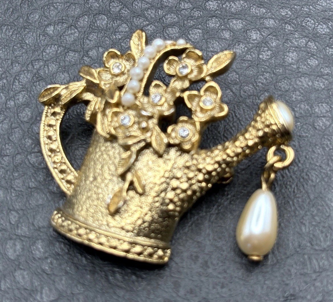 1928 Brand Gold Tone Faux Pearl Rhinestone Flower Watering Can Gardening Brooch