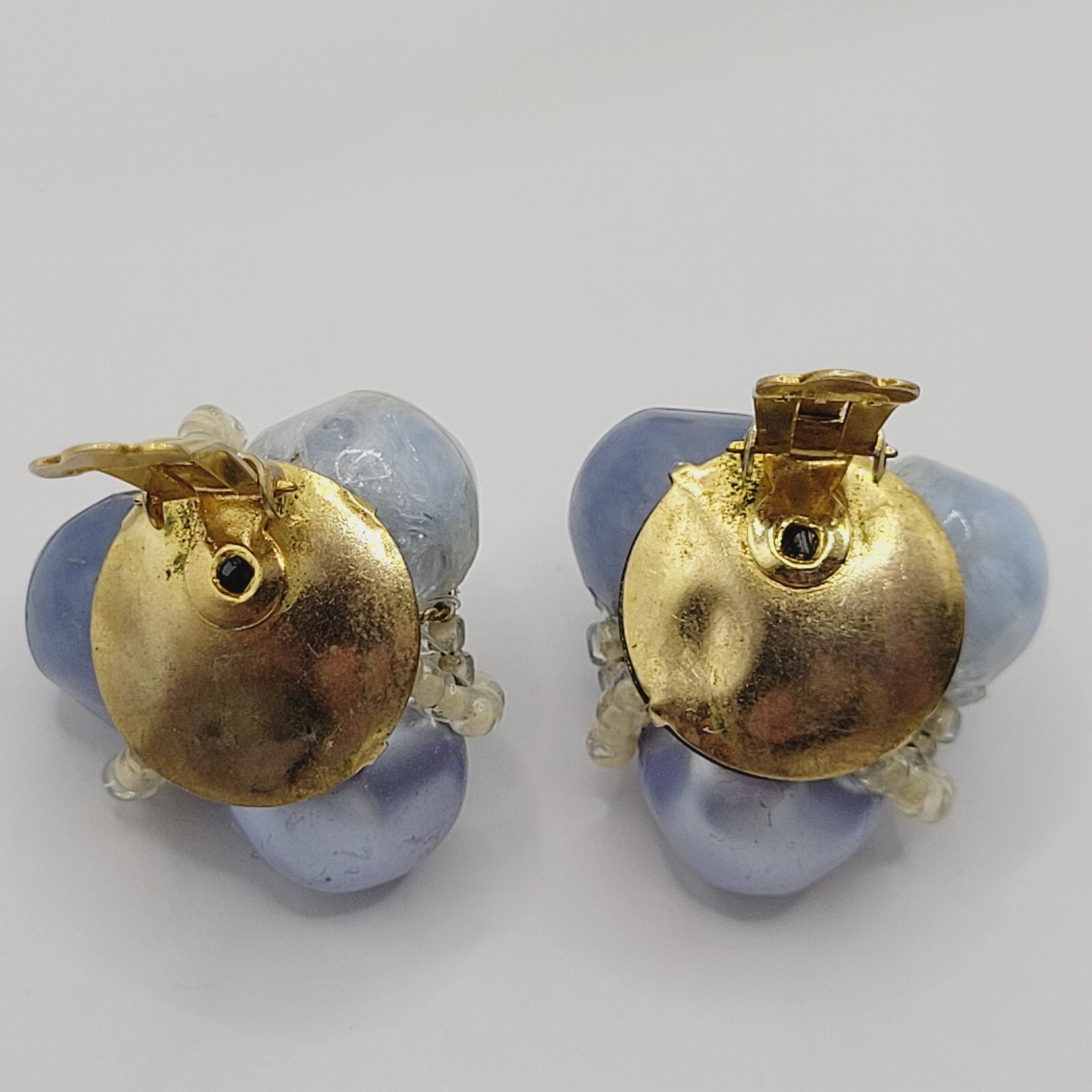Blue Tones Lucite and Seed Bead Cluster Clip On Earrings 1950s 1960s W Germany
