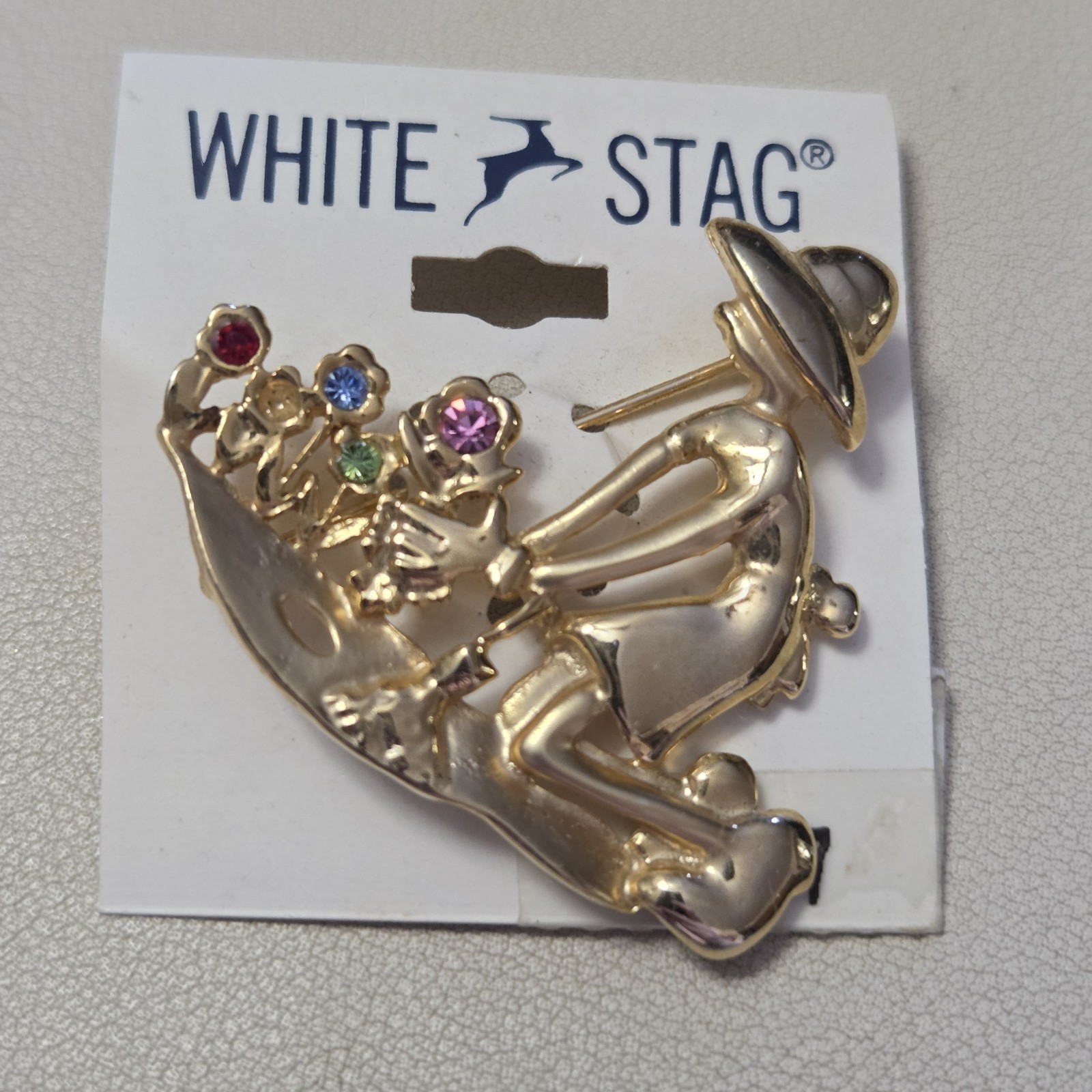 Vintage WHITE STAG Gold Tone Gardener Multi-colored Rhinestone Brooch AS IS