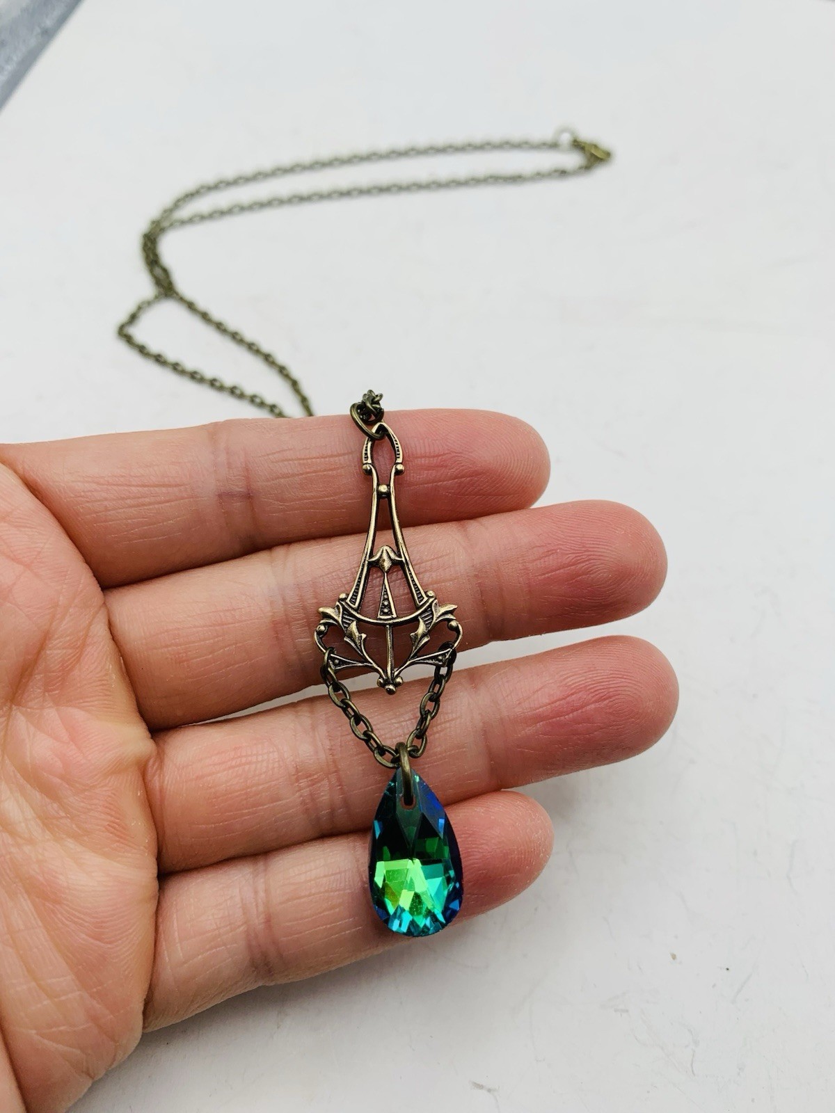 Vintage Style Art Nouveau Bronze Tone Mermaid Blue Teardrop Drop-down Necklace