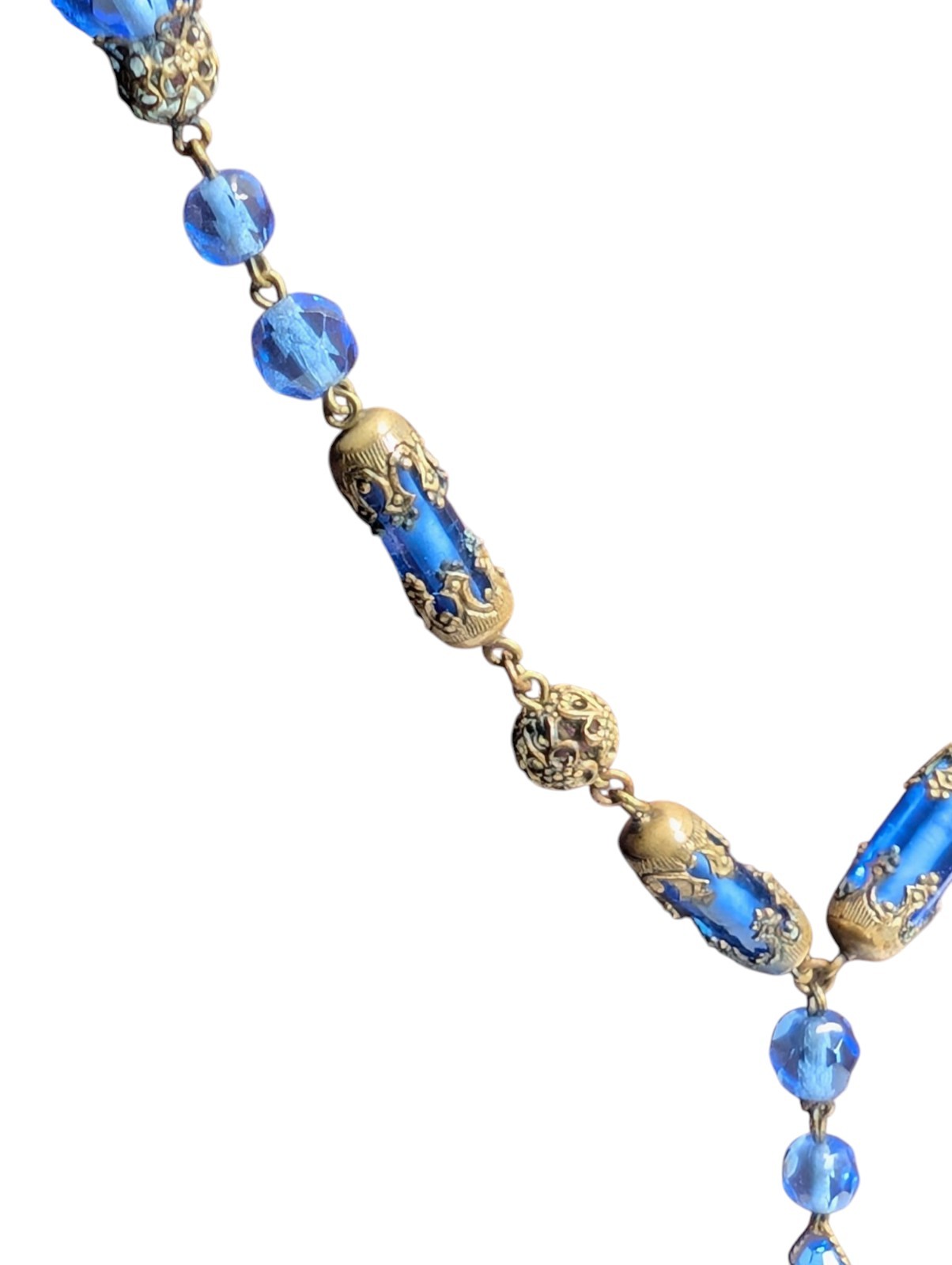 Czech Glass Necklace Blue Lozenge Art Deco Drop Pendant Faceted Filigree