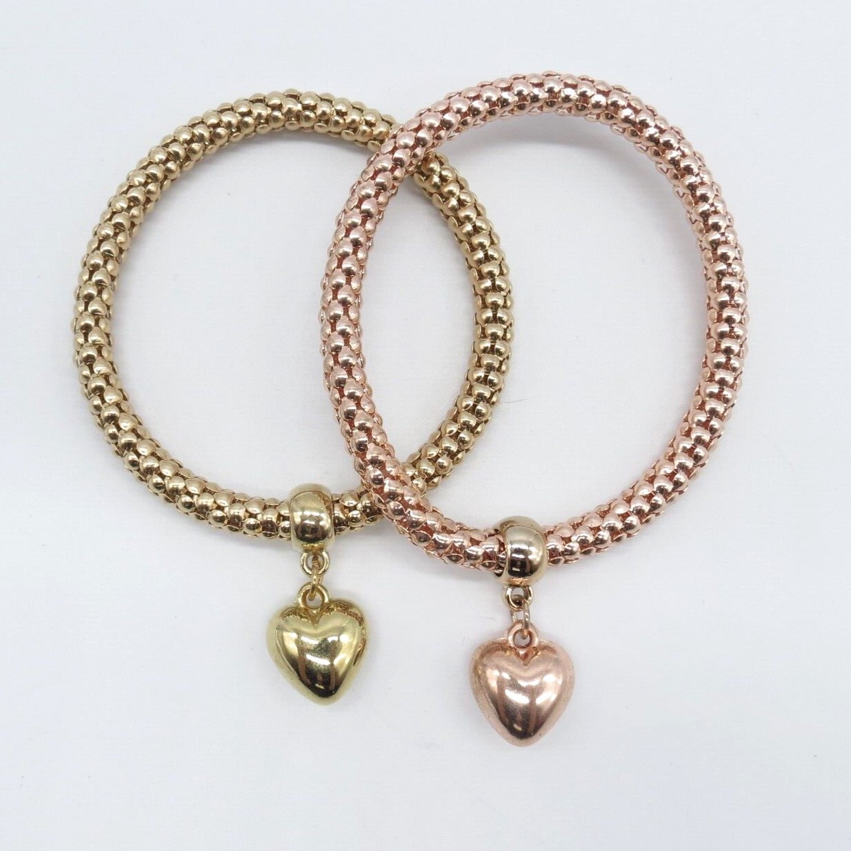 2Pc Puffy Heart Charm Stretch Bracelet Gold Rose Gold Tone Popcorn Chain