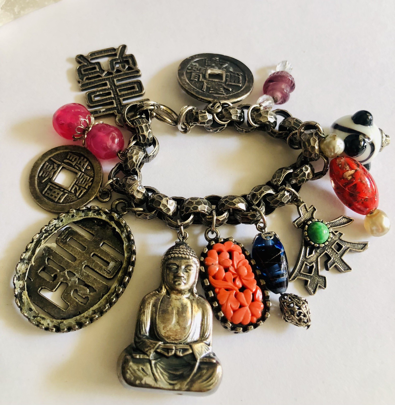VTG Germany Bracelet, Asian Theme, Murano&plastic, Beautiful Silver Tone, Heavy.