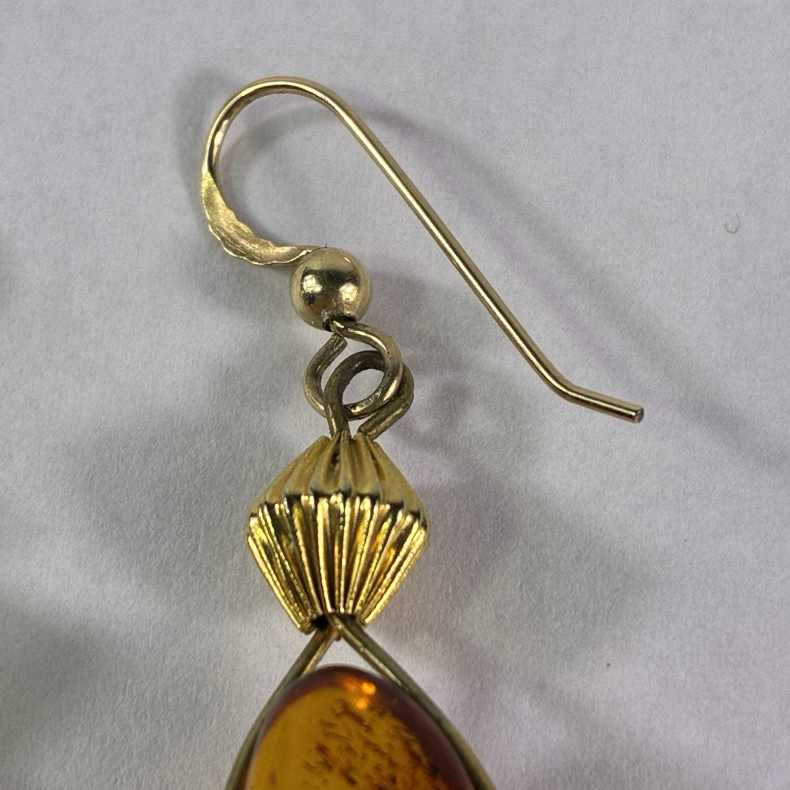 14K Gold Genuine Baltic Honey Amber Yellow Dangle Drop Earrings Art Deco