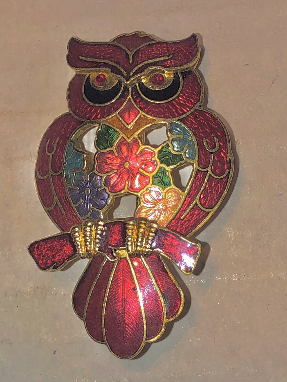 Cloisonné Owl Brooch Brilliant Multicolored 2,25” Tall, About 1” Wide Vintage