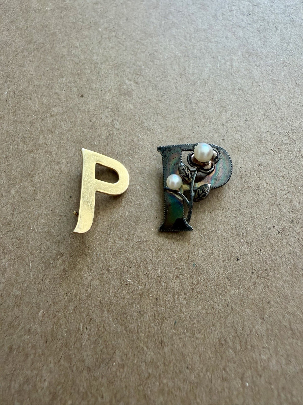 Vintage Letter P Brooch Set Gold Tone & Silver Pearl Minimalist Initial Jewelry