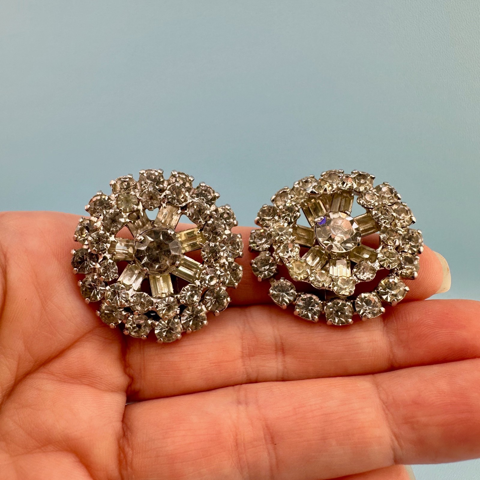 Vintage Rhinestone Earrings Silver Tone Round Cluster Baguette Prong Set Clip On