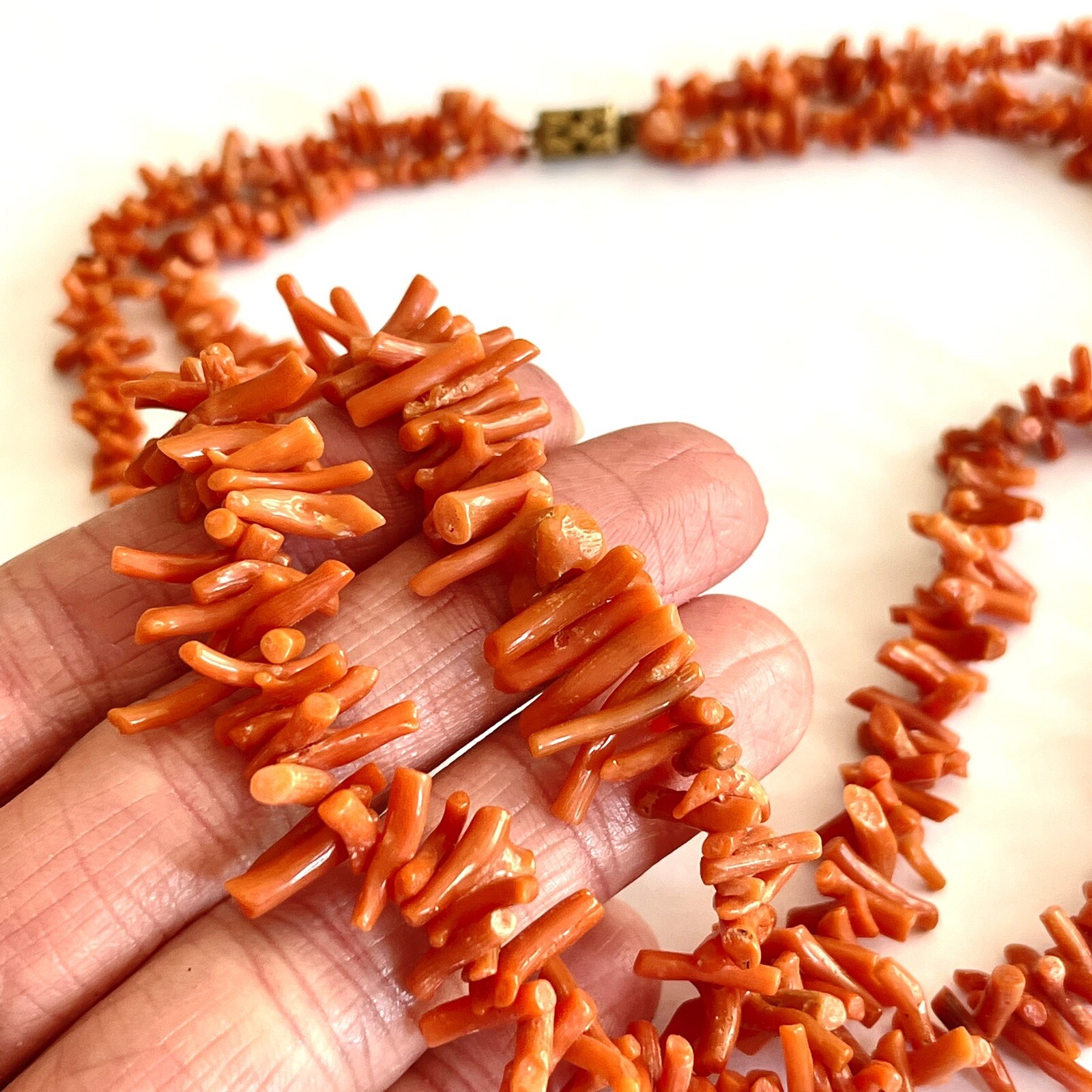 Antique Red Orange Branch Coral Necklace 2 Strand Natural 17in 44g VTG Art Deco